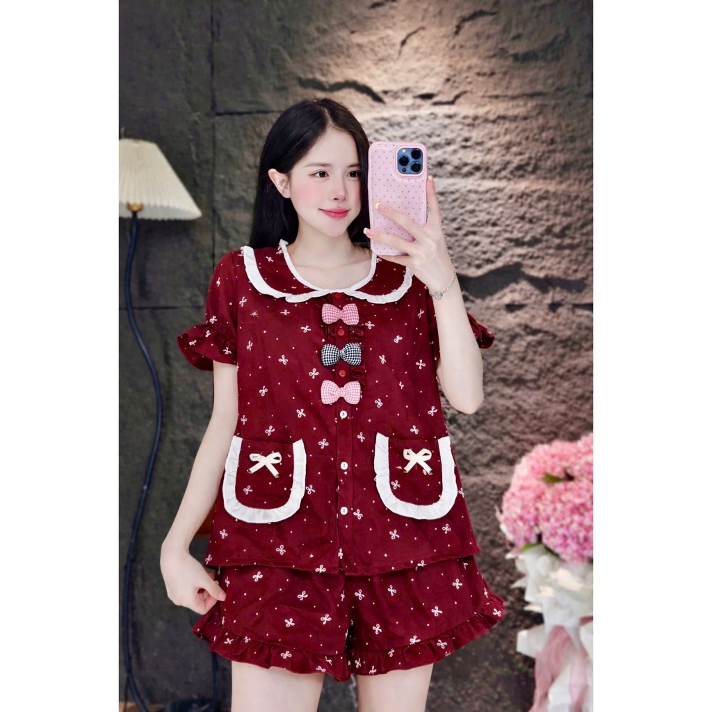 Đồ bộ Pyjama đũi ngắn cổ bèo đính 3 nơ siêu xinh