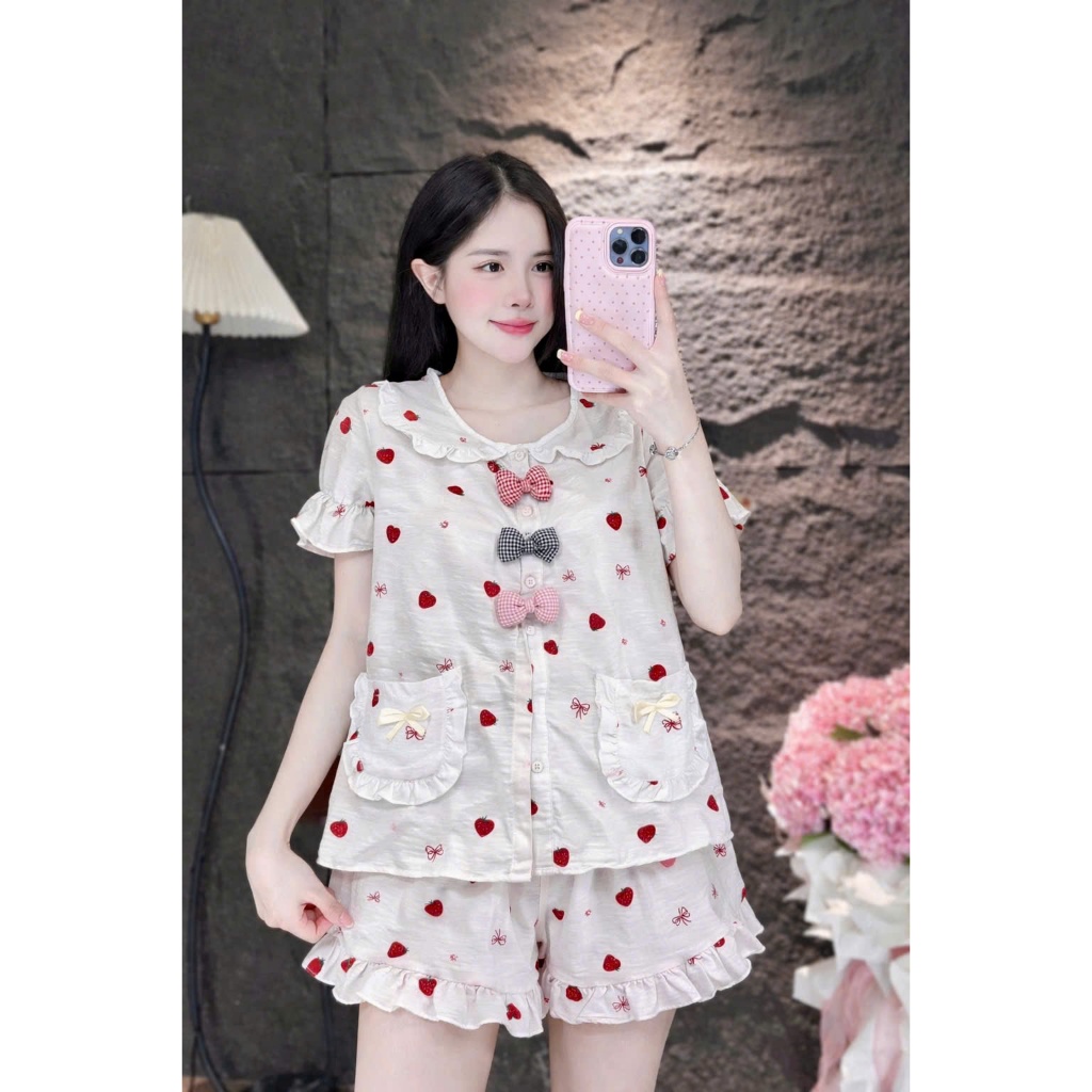 Đồ bộ Pyjama đũi ngắn cổ bèo đính 3 nơ siêu xinh