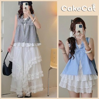 Áo Sát Nách Nữ Kẻ Caro Viền Bèo Buộc Nơ Liền Áo Trắng Trong Dáng Babydoll Xòe Layer - Cakecat