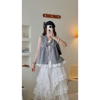 Áo Sát Nách Nữ Kẻ Caro Viền Bèo Buộc Nơ Liền Áo Trắng Trong Dáng Babydoll Xòe Layer - Cakecat