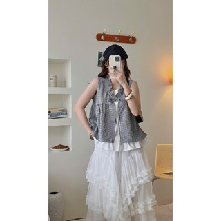 Áo Sát Nách Nữ Kẻ Caro Viền Bèo Buộc Nơ Liền Áo Trắng Trong Dáng Babydoll Xòe Layer - Cakecat