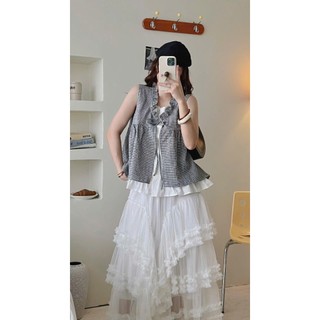 Áo Sát Nách Nữ Kẻ Caro Viền Bèo Buộc Nơ Liền Áo Trắng Trong Dáng Babydoll Xòe Layer - Cakecat