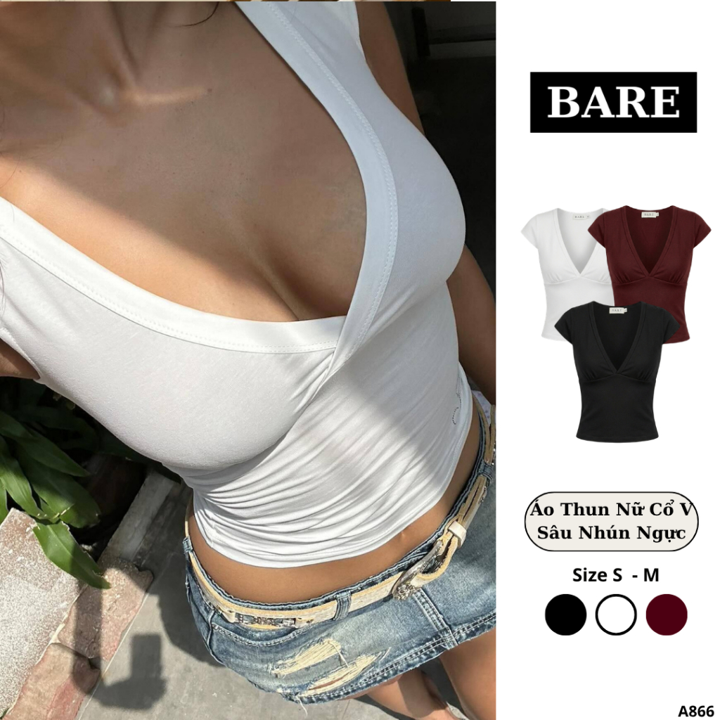 BARE_Áo Thun Nữ Cổ Tim V Nhún Ngực Chiết Eo Slim-Fit, Áo Thun Cổ Tim Ôm Body Tôn Dáng_A866