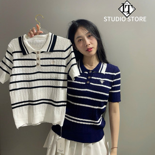 LT - Áo len nữ cổ bẻ kẻ ngang, len tăm nữ cộc tay dệt kim len cổ đức free size 1504