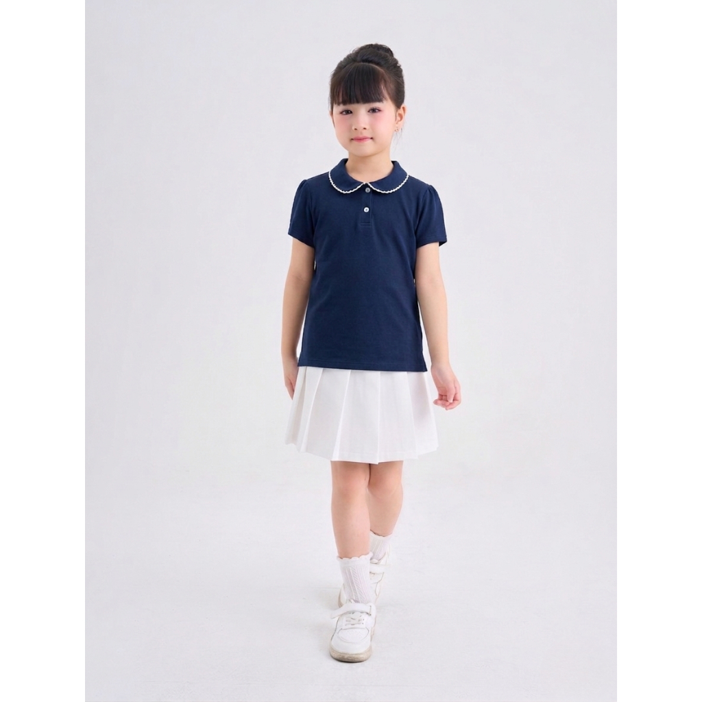 Áo polo bé gái CANIFA chất cotton USA cổ lá cộc tay phối viền PS26 1TP26S001
