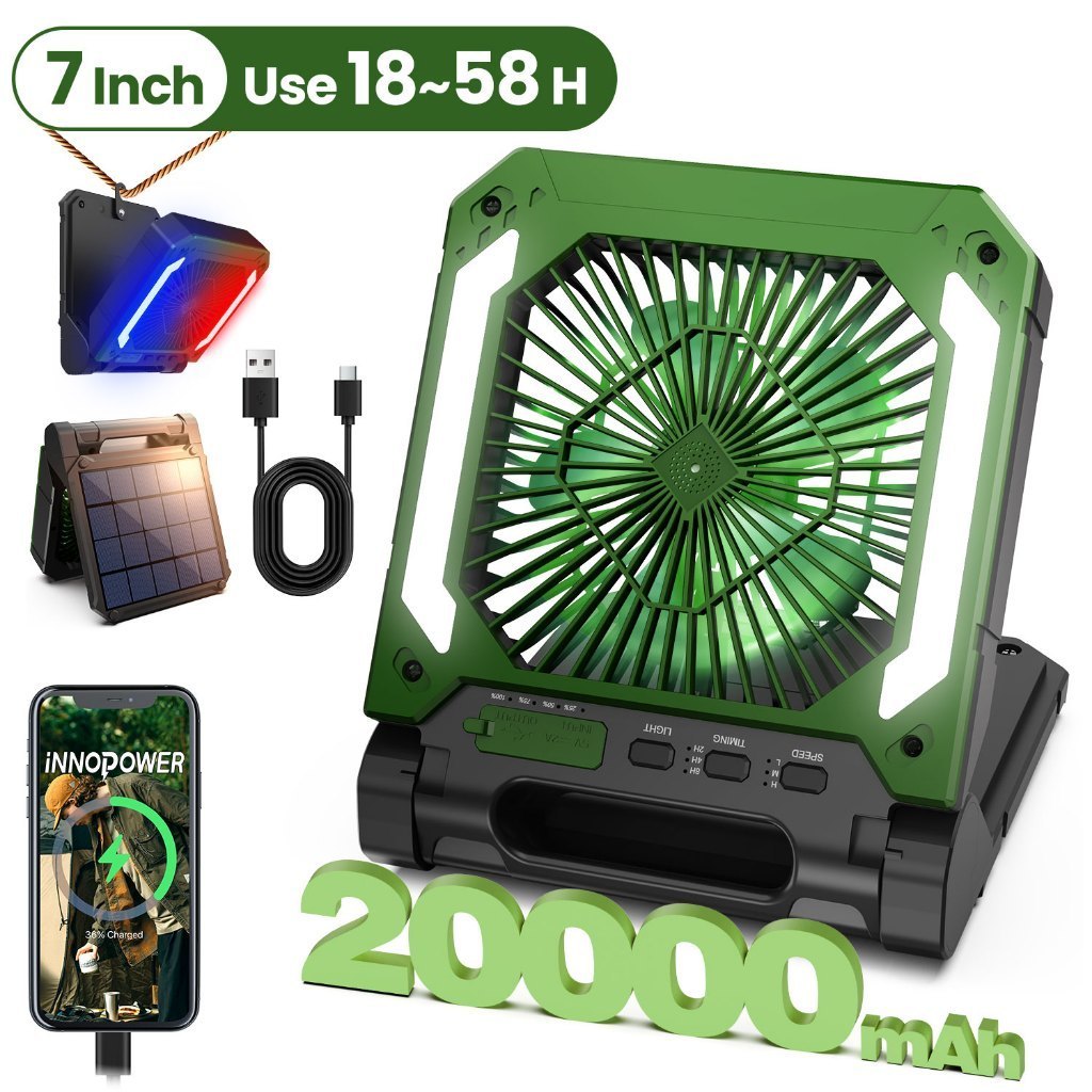 Quạt Dùng Năng Lượng Mặt Trời 20000mAh, Quạt Lều Có Sạc Đựng Pin, Quạt Dã Ngoại Với Pin Dự Phòng & Đèn LED
