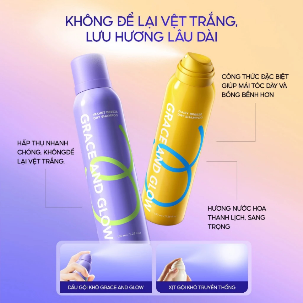 Dầu gội khô phồng tóc Grace and Glow Velvet Opium/Daisy Breeze 150ml kiềm dầu giúp giải cứu tóc bết