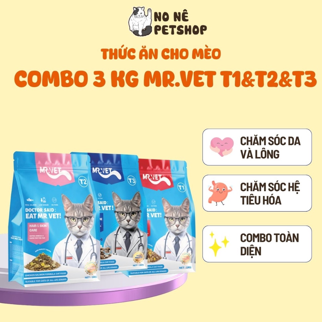 [COMBO Sức khỏe toàn diện] Combo Hạt Cho Mèo MR.VET T1, T2, T3 Cải Thiện Tiêu Hóa, Tăng Sức Đề Kháng, Giảm Búi Lông, Chă