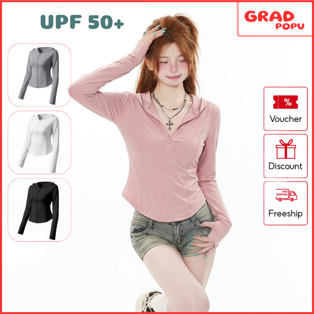Áo chống nắng nữ GRADPOPU UPF 50+ form ôm có mũ khóa kéo chống UV mỏng nhẹ co giãn thoáng mát KN07