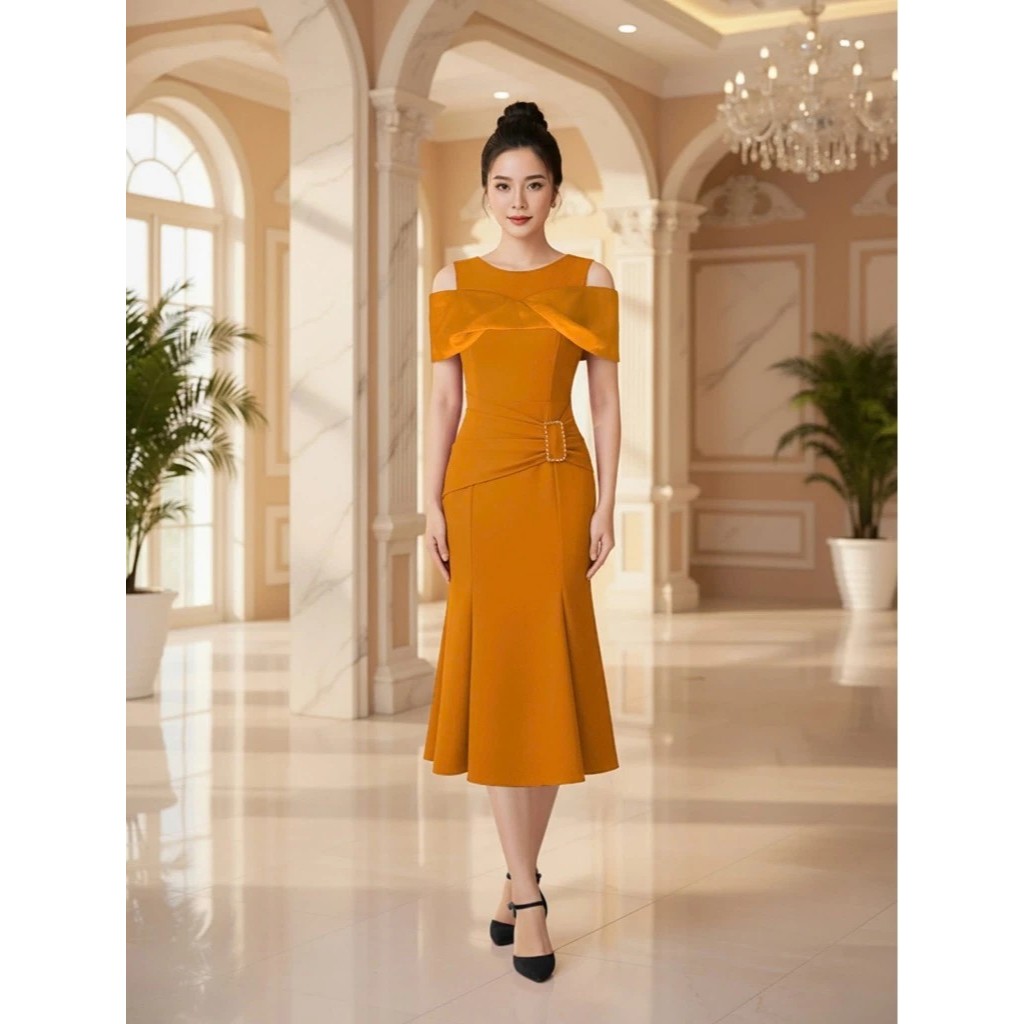 Váy Dự Tiệc Trung Niên Bigsize - Đầm Dự Tiệc Đi Ăn Cưới Thiết Kế Sang Trọng Cổ Tròn Tay Hở Vai Dáng Đuôi Cá TK37