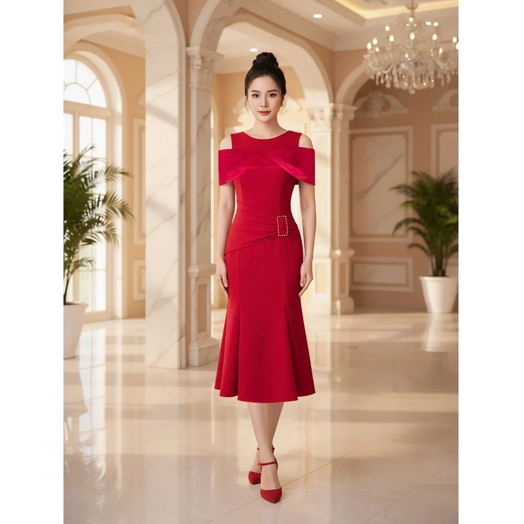Váy Dự Tiệc Trung Niên Bigsize - Đầm Dự Tiệc Đi Ăn Cưới Thiết Kế Sang Trọng Cổ Tròn Tay Hở Vai Dáng Đuôi Cá TK37