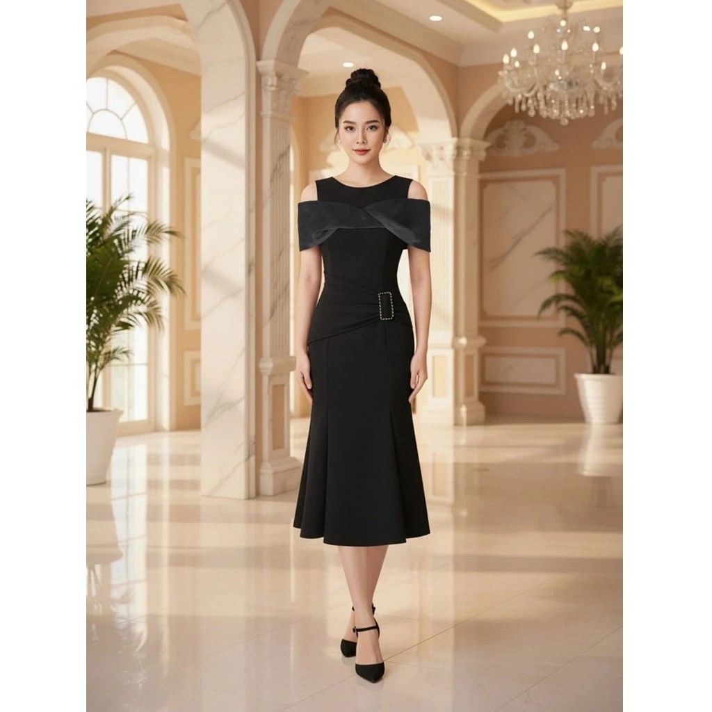 Váy Dự Tiệc Trung Niên Bigsize - Đầm Dự Tiệc Đi Ăn Cưới Thiết Kế Sang Trọng Cổ Tròn Tay Hở Vai Dáng Đuôi Cá TK37