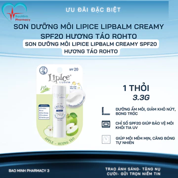 Son Dưỡng Môi Lipice Lipbalm Creamy SPF20 Hương Táo Rohto 3.3g – Dưỡng Ẩm, Chống Nắng Môi, Mềm Mịn