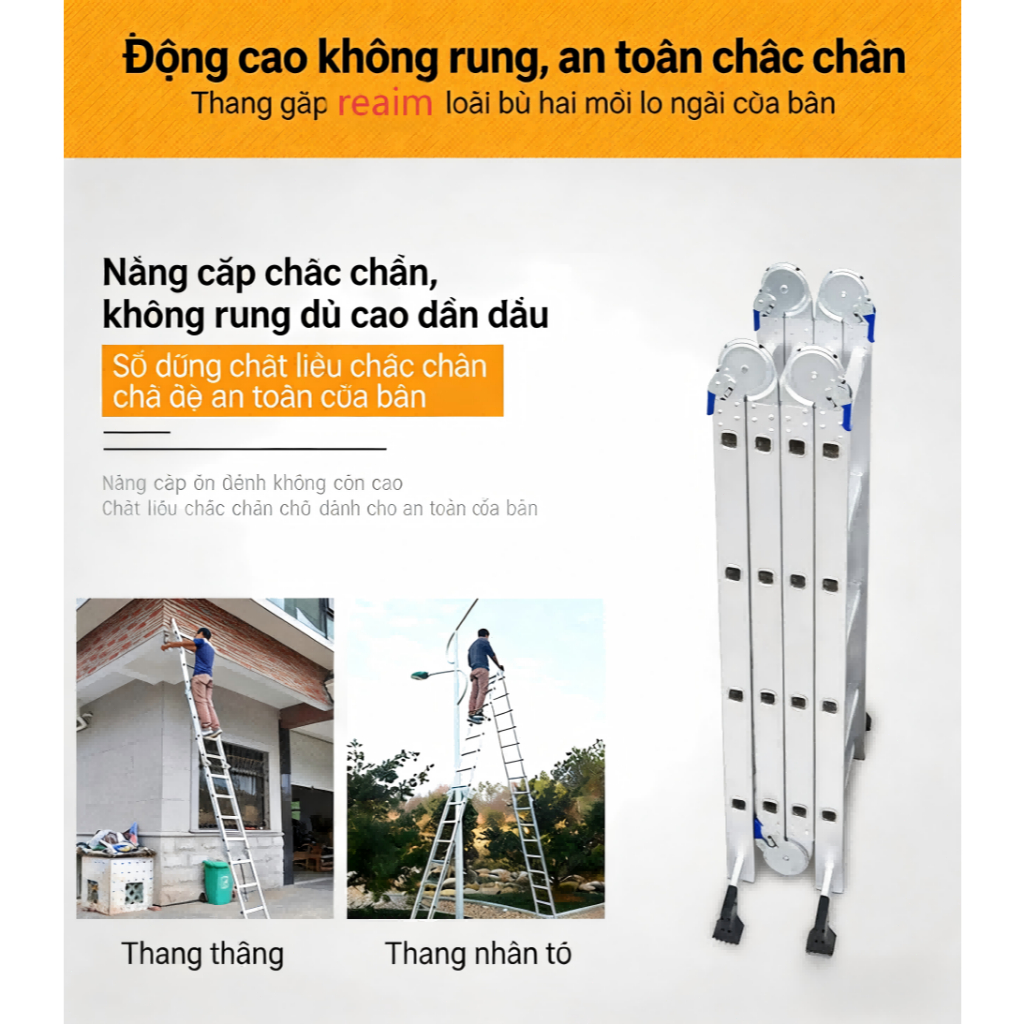 Thang nhôm gấp 4 đoạn 14 tư thế sử dụng 3.7M-5.7M Gấp 4 nấc Nhập Khẩu đa năng xếp gọn Bảo hành 24 tháng