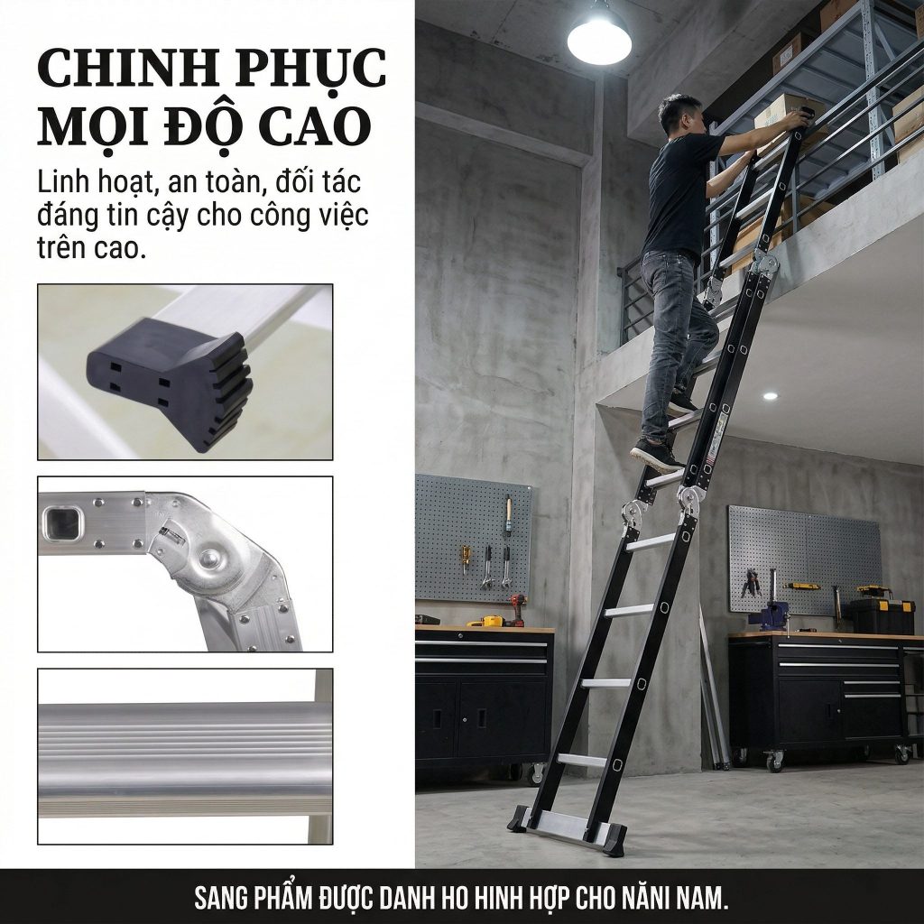 Thang nhôm gấp 4 đoạn 14 tư thế sử dụng 3.7M-5.7M Gấp 4 nấc Nhập Khẩu đa năng xếp gọn Bảo hành 24 tháng