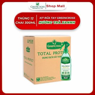 Thùng 12 Chai Xịt Rửa Tay Khô Green Cross 300ml TOTAL PROTECT - Diệt Khuẩn 99.9% - Hương Trà Xanh