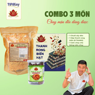 Combo Ăn Vặt 1 Cơm Cháy Chay 250g + Chuối Sứ Sấy Dẻo 300g + Rong Biển Kẹp Hạt (8 THANH)-TiPiKay Shop