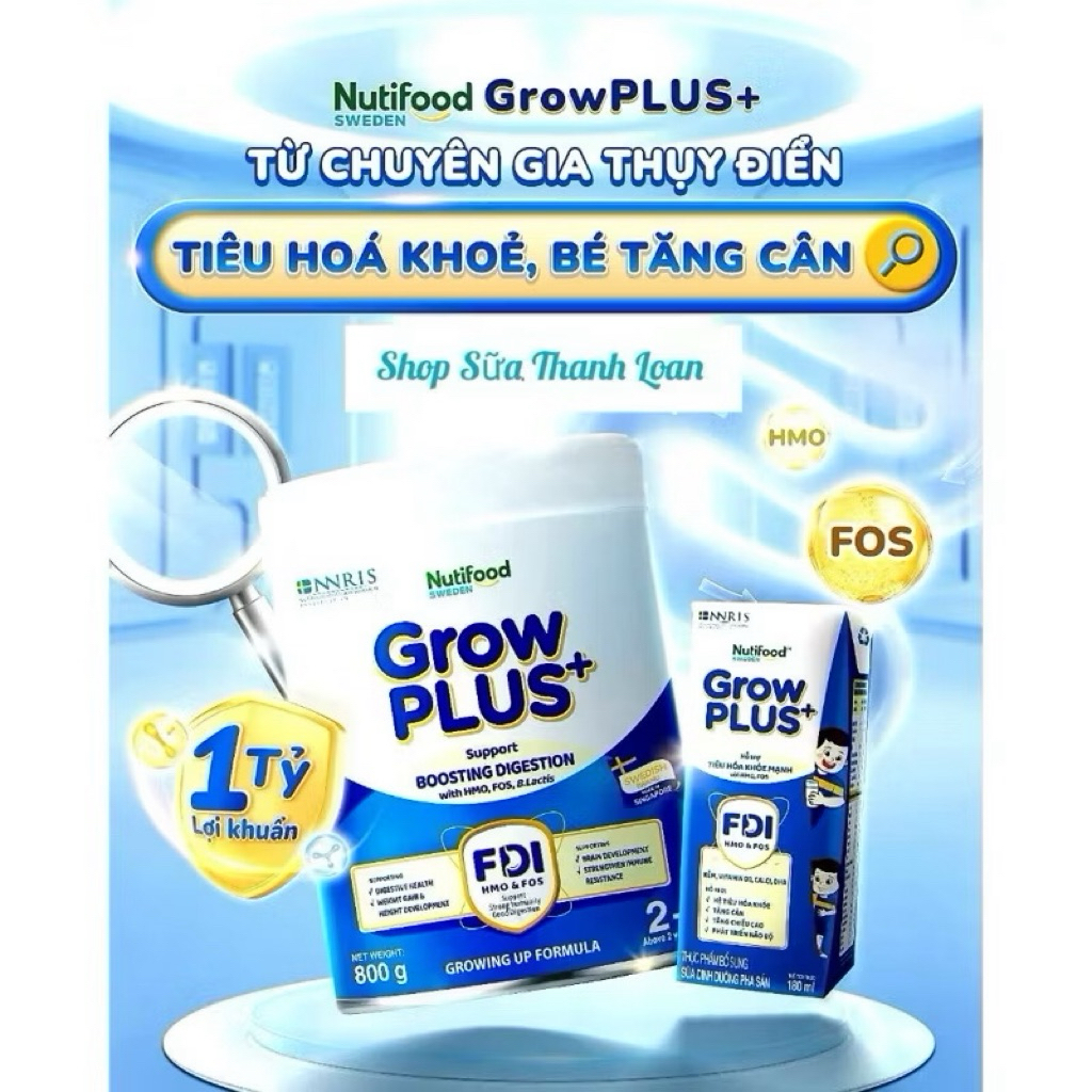 Sữa Bột Nutifood Growplus Xanh Nhạt 0+ Lon 800g [Tiêu Hoá Khoẻ]