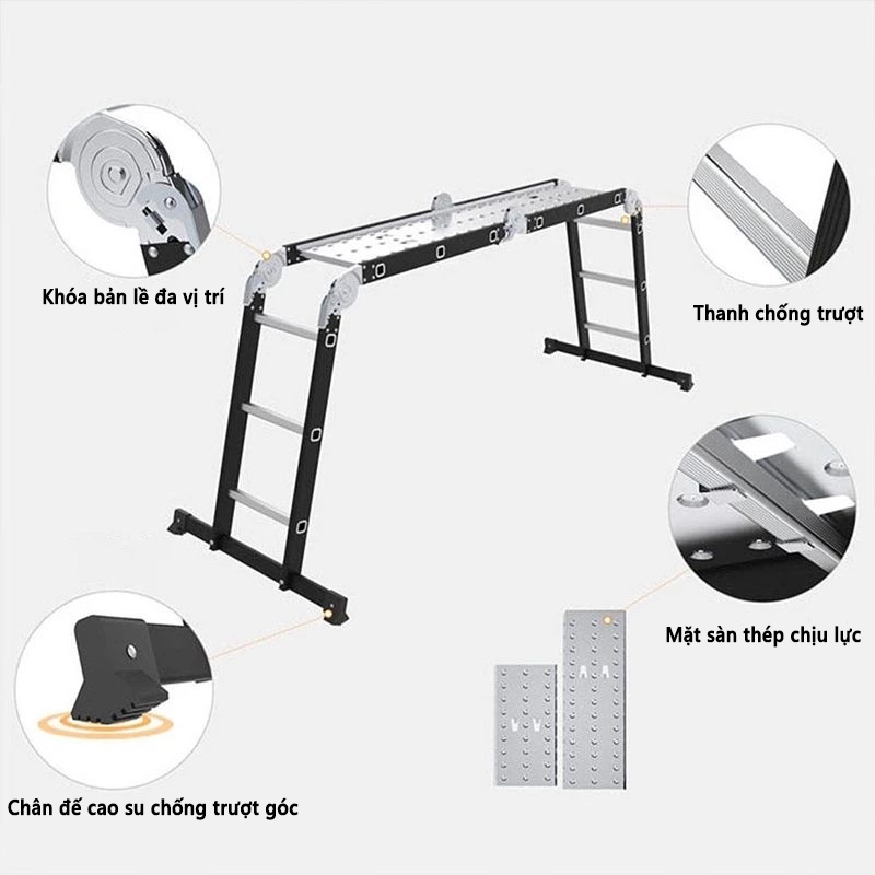 Thang nhôm gấp 4 đoạn 14 tư thế sử dụng 3.7M-5.7M Gấp 4 nấc Nhập Khẩu đa năng xếp gọn Bảo hành 24 tháng