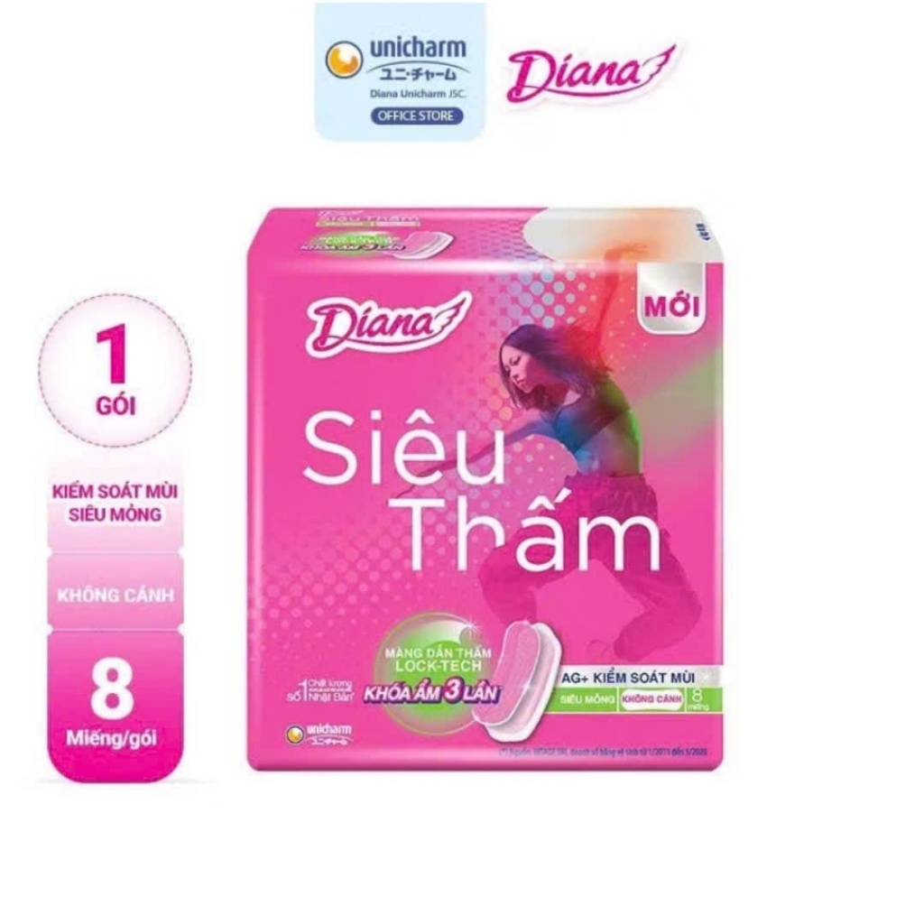 [Combo 4/6 gói] Băng vệ sinh Diana siêu thấm siêu mỏng cánh, không cánh 23cm gói 8 miếng/20 miếng