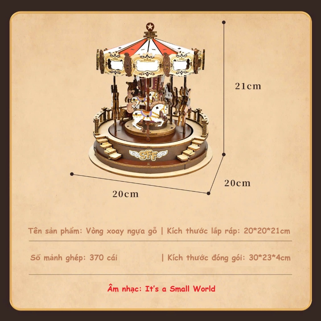 Đồ Chơi Lắp Ráp Mô Hình Gỗ 3D STEAM Hộp Nhạc Vòng Xoay Ngựa Gỗ Merry Go Round
