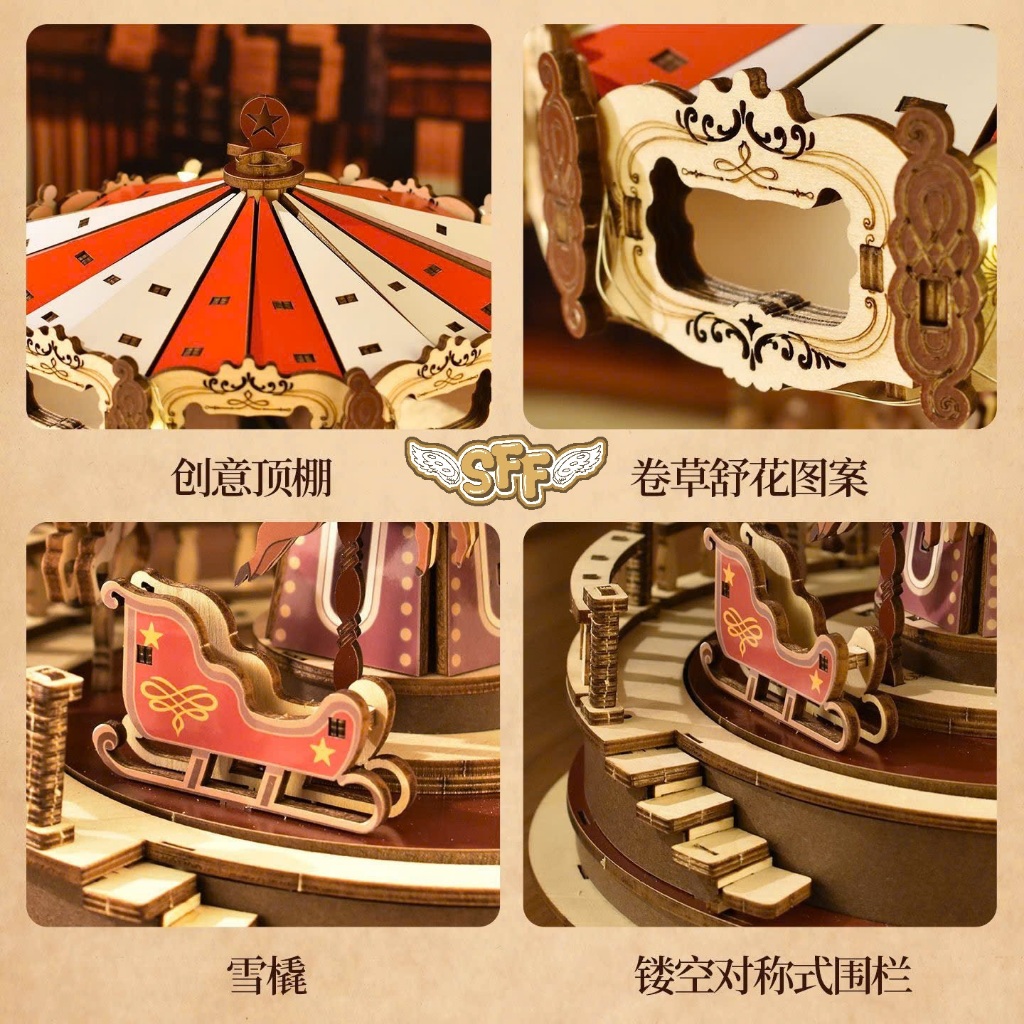 Đồ Chơi Lắp Ráp Mô Hình Gỗ 3D STEAM Hộp Nhạc Vòng Xoay Ngựa Gỗ Merry Go Round