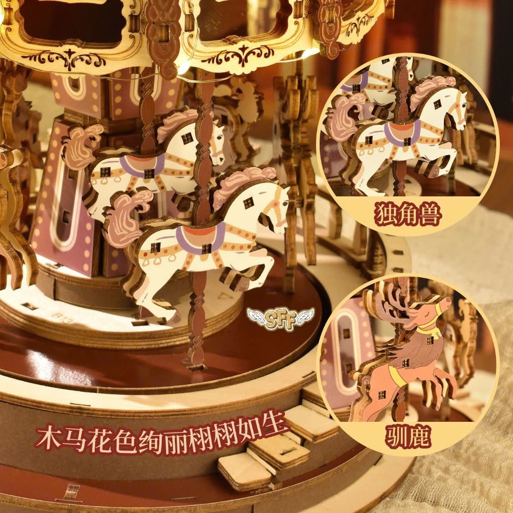 Đồ Chơi Lắp Ráp Mô Hình Gỗ 3D STEAM Hộp Nhạc Vòng Xoay Ngựa Gỗ Merry Go Round