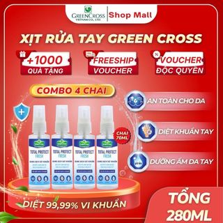 Combo 4 Chai Xịt Rửa Tay Khô Green Cross Total Protect 70ml - Diệt Khuẩn Vượt Trội 99.9%
