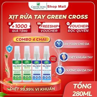 Combo 4 Chai Xịt Rửa Tay Khô Green Cross Total Protect 70ml - Diệt Khuẩn Vượt Trội 99.9%