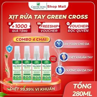 Combo 4 Chai Xịt Rửa Tay Khô Green Cross Total Protect 70ml - Diệt Khuẩn Vượt Trội 99.9%