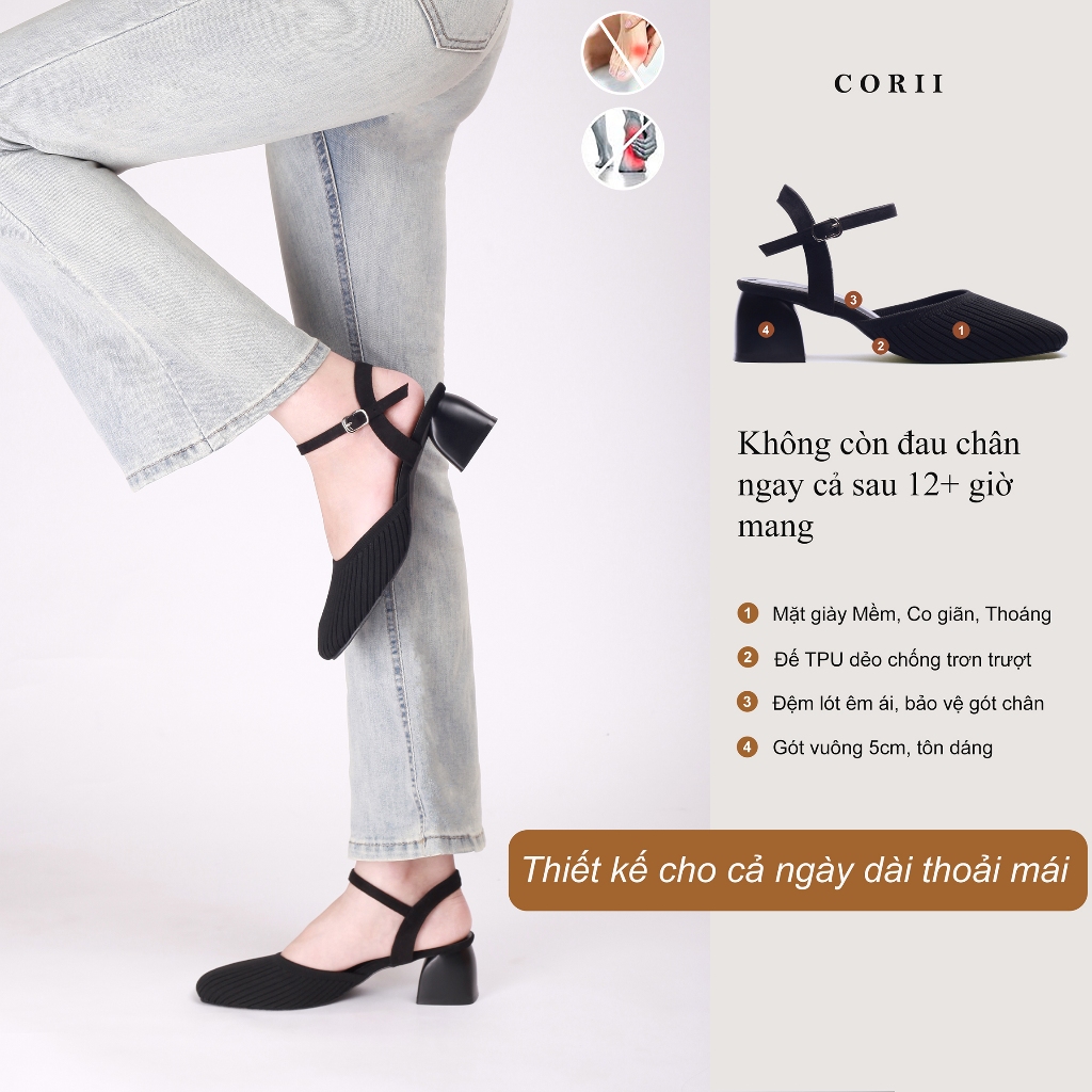 CORII - Giày Sandal Cao Gót Quai Ngang Mũi Vuông Bít Mũi Thời Trang và Thoải Mái Nhất - CR6TGS1 Đen