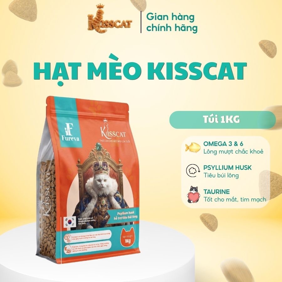 Hạt Cho Mèo Kisscat gói 1KG 30% Protein Giảm Búi Lông Tăng Cường Omega 3
