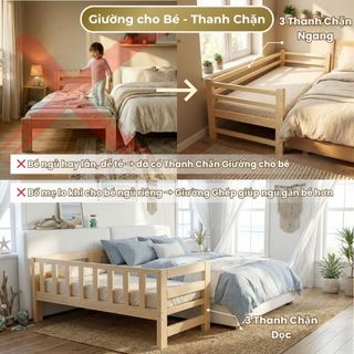 Giường Trẻ Em 1m6 | Giường cho Bé Gỗ Thông, Có Cầu Thang, Có Hàng Rào Chắn, Ghép với Bố Mẹ
