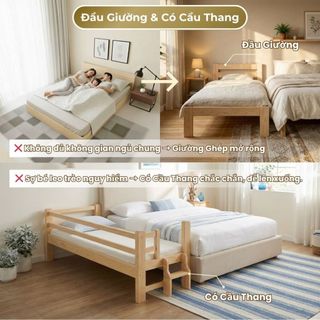Giường Trẻ Em 1m6 | Giường cho Bé Gỗ Thông, Có Cầu Thang, Có Hàng Rào Chắn, Ghép với Bố Mẹ