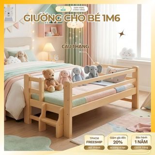 Giường Trẻ Em 1m6 | Giường cho Bé Gỗ Thông, Có Cầu Thang, Có Hàng Rào Chắn, Ghép với Bố Mẹ