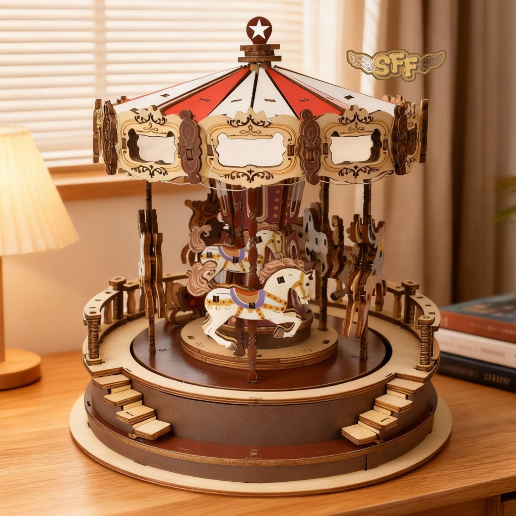 Đồ Chơi Lắp Ráp Mô Hình Gỗ 3D STEAM Hộp Nhạc Vòng Xoay Ngựa Gỗ Merry Go Round