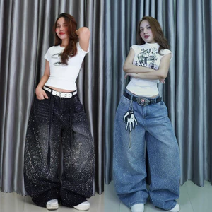 Quần Jeans Ống Rộng Unisex Đính Đá Bling Bling Phong Cách Bụi Bặm Cá Tính Streetstyle Unisex M.I.O STORE
