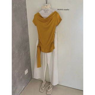 𝐏𝐡𝐢𝐞𝐧 𝐖𝐆𝐖𝐄 | w9164 Áo Thun Trễ Lệch Vai Phối Dây Bèo Nhún Eo 4 Màu Trơn
