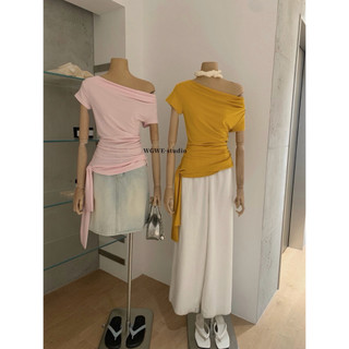 𝐏𝐡𝐢𝐞𝐧 𝐖𝐆𝐖𝐄 | w9164 Áo Thun Trễ Lệch Vai Phối Dây Bèo Nhún Eo 4 Màu Trơn