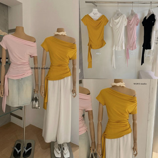 𝐏𝐡𝐢𝐞𝐧 𝐖𝐆𝐖𝐄 | w9164 Áo Thun Trễ Lệch Vai Phối Dây Bèo Nhún Eo 4 Màu Trơn