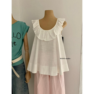 𝐏𝐡𝐢𝐞𝐧 𝐖𝐆𝐖𝐄 | (Sẵn) w9324 Áo Bbd Cổ Bèo Tròn Sát Nách Form Rộng Màu Trắng
