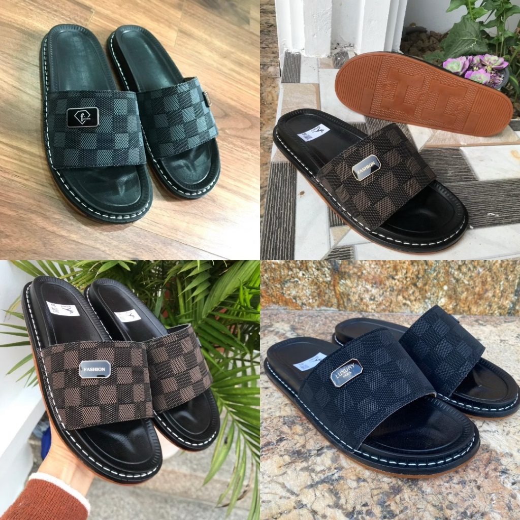 Dép Nam, Dép Da Nam Quai Ngang Kẻ Caro Cao Cấp, Đế Khâu Chắc Bền Đẹp Êm Chân Chống Trơn, Thời Trang Nam, Size 37-44