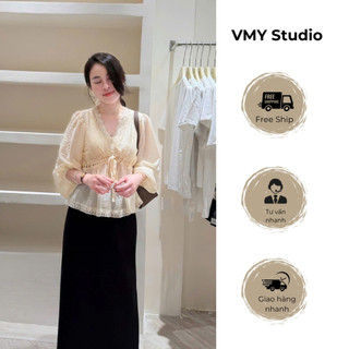 VMY Studio - Áo babydoll đũi viền ren hoa cổ V from xòe cá tính, áo tơ đũi phối ren QCCC nữ