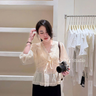 VMY Studio - Áo babydoll đũi viền ren hoa cổ V from xòe cá tính, áo tơ đũi phối ren QCCC nữ