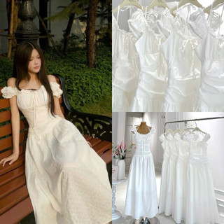 SEP House - Đầm midi dáng dài xoè rớt vai bo chun cột nơ hai lớp mùa hè basic - Chuẩn ảnh
