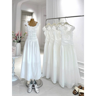 SEP House - Đầm midi dáng dài xoè rớt vai bo chun cột nơ hai lớp mùa hè basic - Chuẩn ảnh