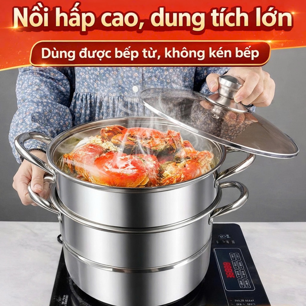 Nồi Luộc Gà 2 Tầng Kèm Giá Hấp Inox SUS 304 – Size 28cm, Nấu Canh, Hầm Xương, Luộc & Hấp Đa Năng