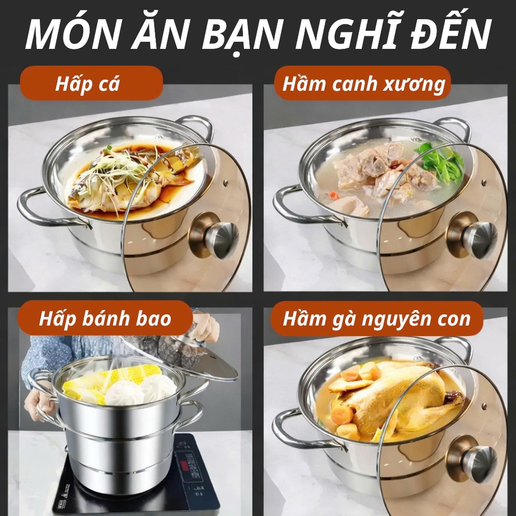 Nồi Luộc Gà 2 Tầng Kèm Giá Hấp Inox SUS 304 – Size 28cm, Nấu Canh, Hầm Xương, Luộc & Hấp Đa Năng