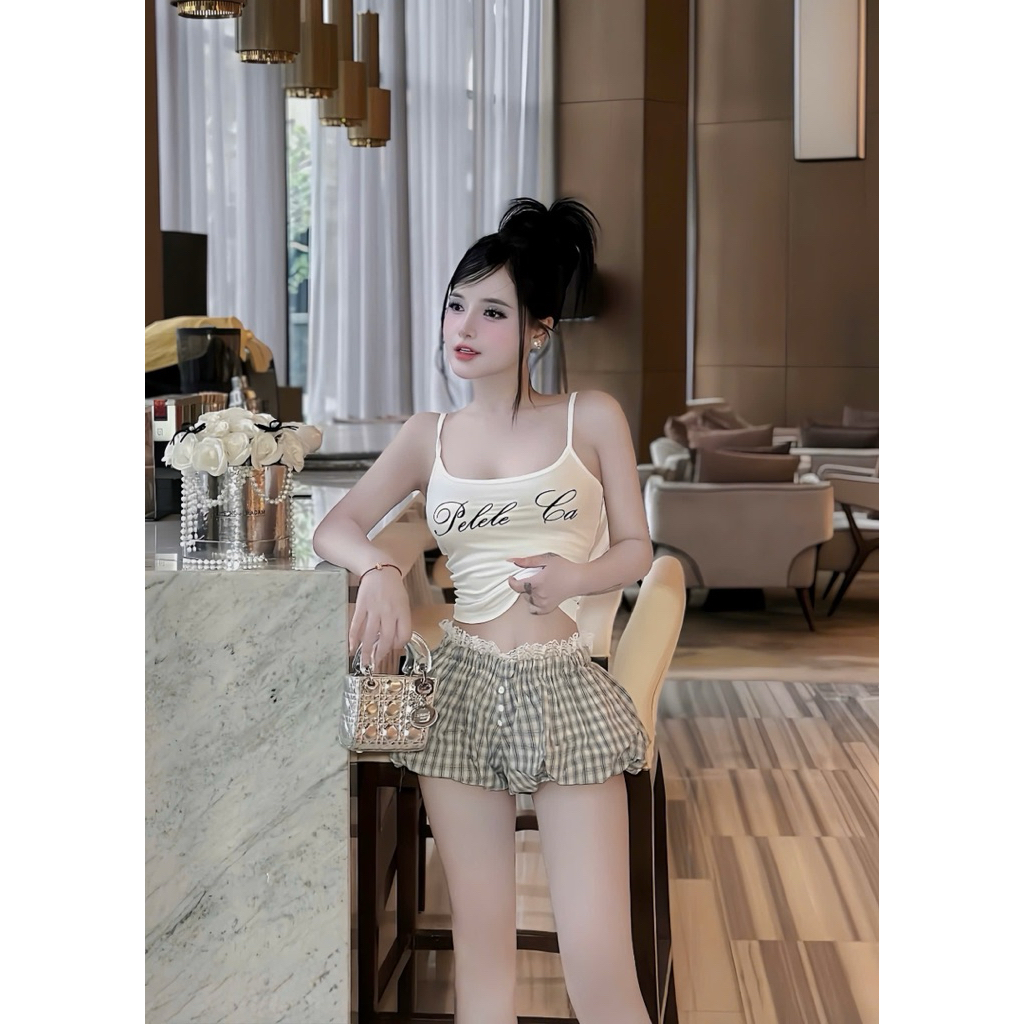 Set áo 2 dây in chữ mix quần chun kẻ phối ren siu xinh