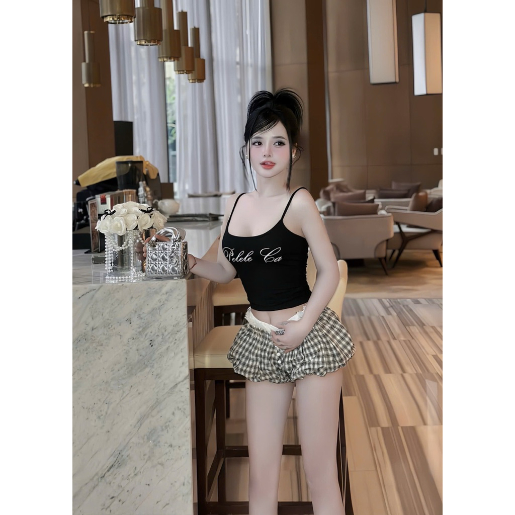 Set áo 2 dây in chữ mix quần chun kẻ phối ren siu xinh